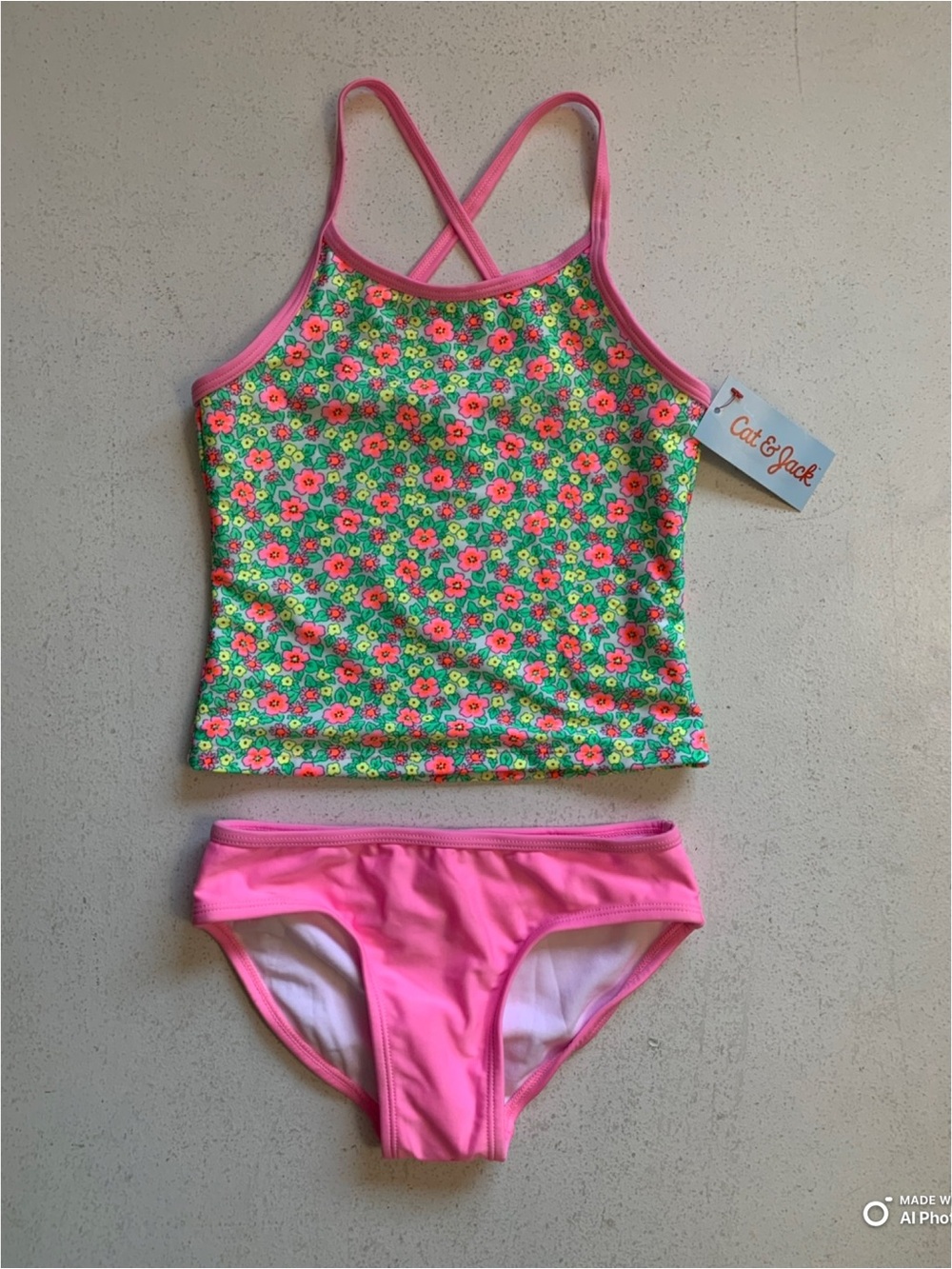 Cat & Jack Green & Pink Floral Tankini Bikini Swimsuit Size Medium NWT Beach